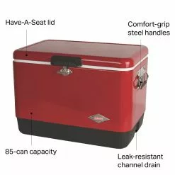 Vintage Steel Belted Cooler 54qt Coleman Coolers -Outlet Fly Fishing Store RED D5